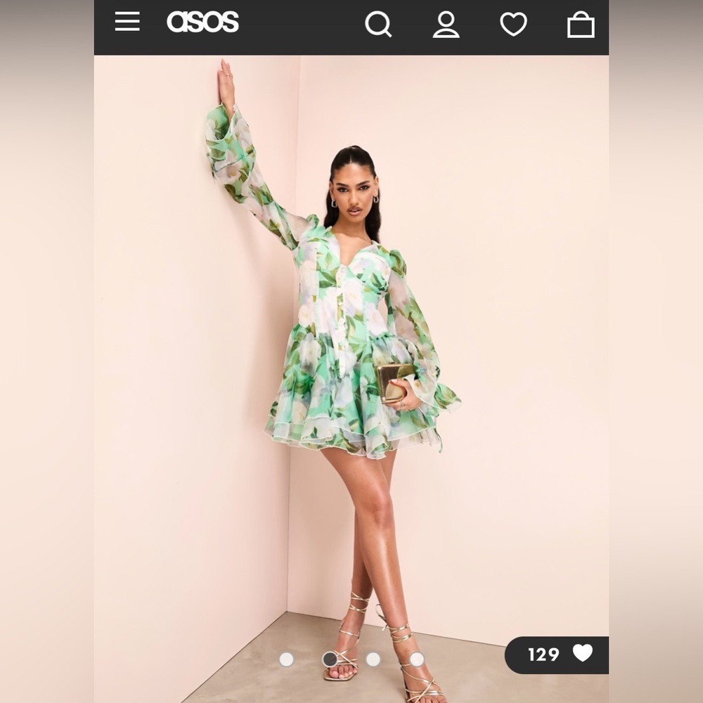 ASOS Floral Green and White Women's Organza Dress